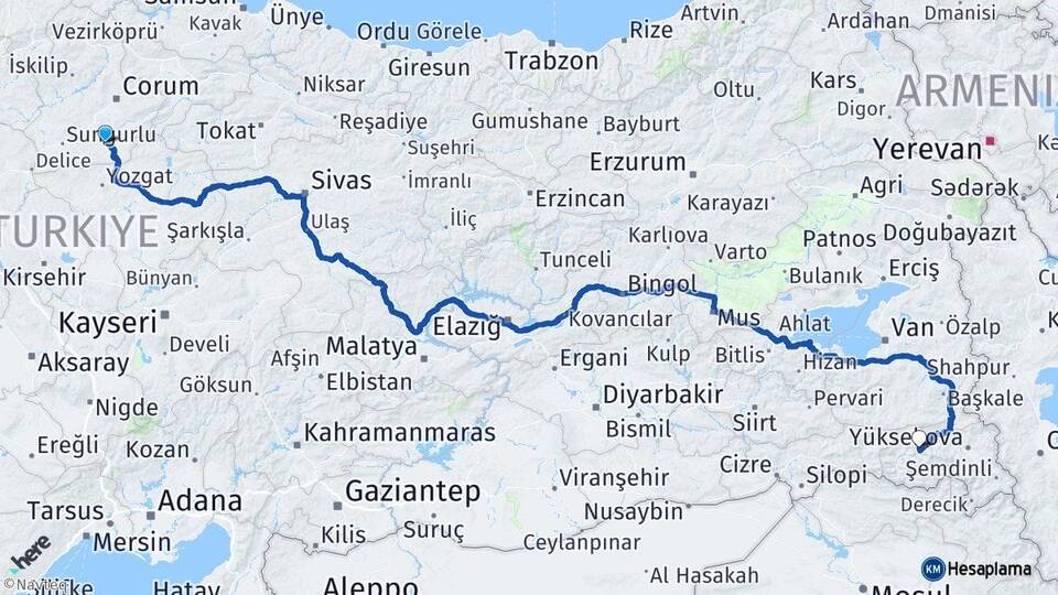 Çorum Alaca Hakkari Arası Kaç Km - Yol Haritası