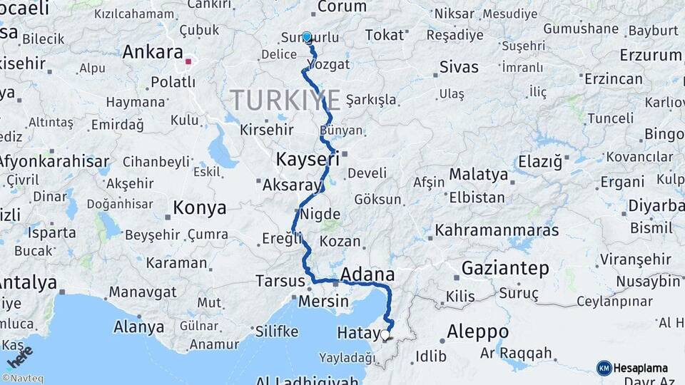 Çorum Alaca Hatay Arası Kaç Km - Yol Haritası