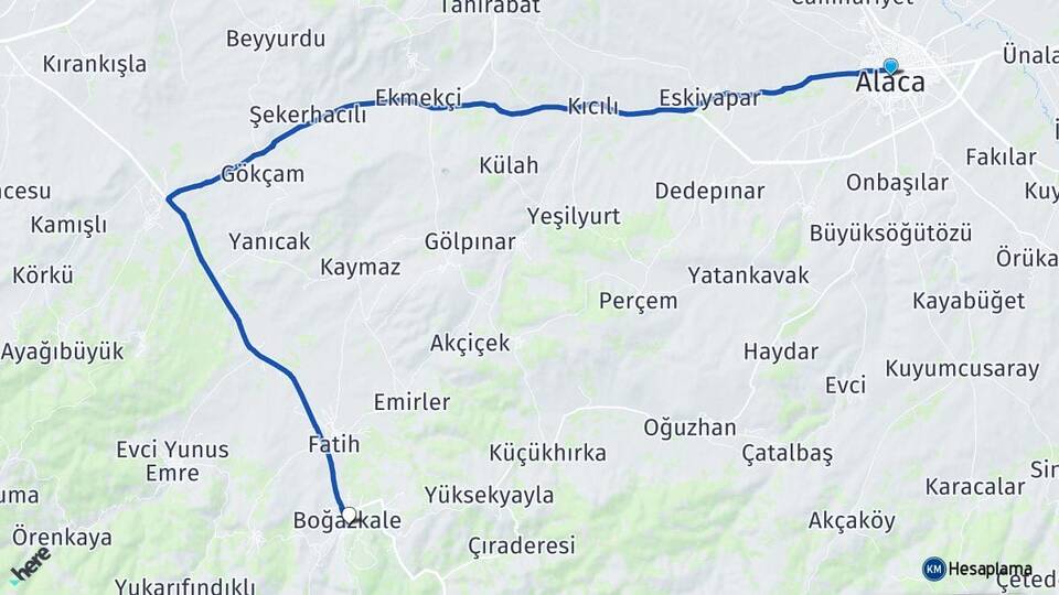 Çorum Alaca Hattusas Boğazkale Arası Kaç Km - Yol Haritası