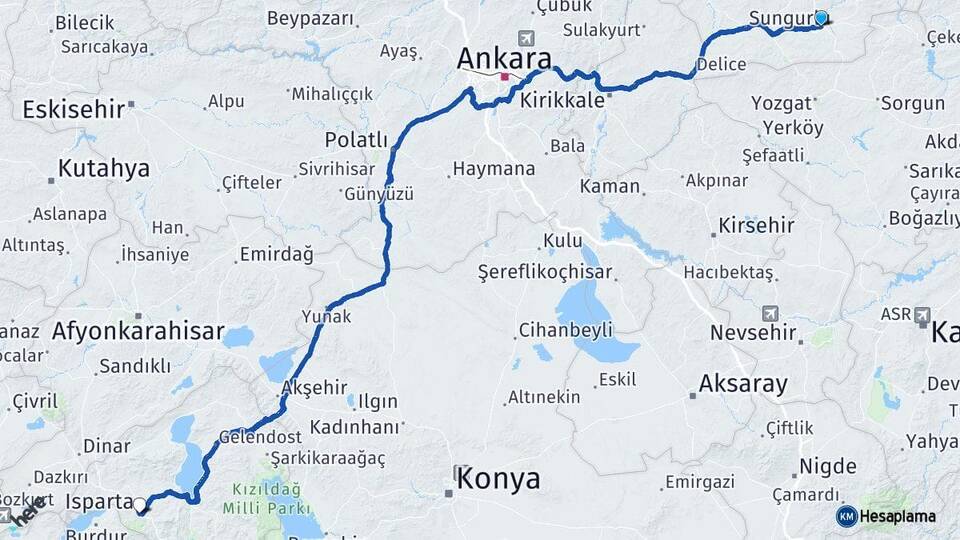 Çorum Alaca Isparta Arası Kaç Km - Yol Haritası