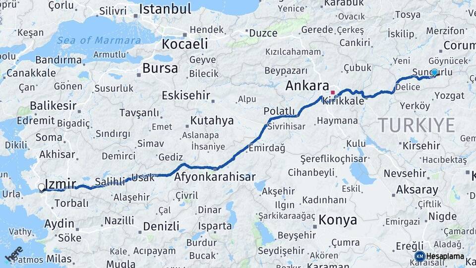 Çorum Alaca İzmir Arası Kaç Km - Yol Haritası