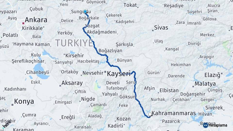 Çorum Alaca Kahramanmaraş Arası Kaç Km - Yol Haritası
