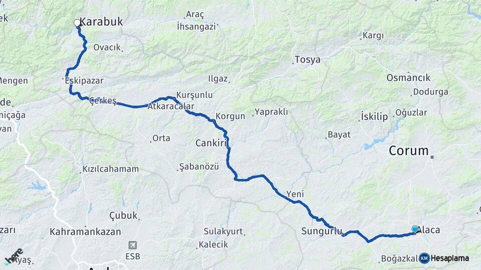 Çorum Alaca Karabük Arası Kaç Km - Yol Haritası