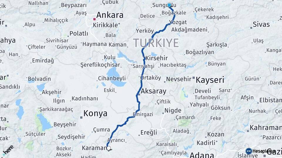 Çorum Alaca Karaman Arası Kaç Km - Yol Haritası