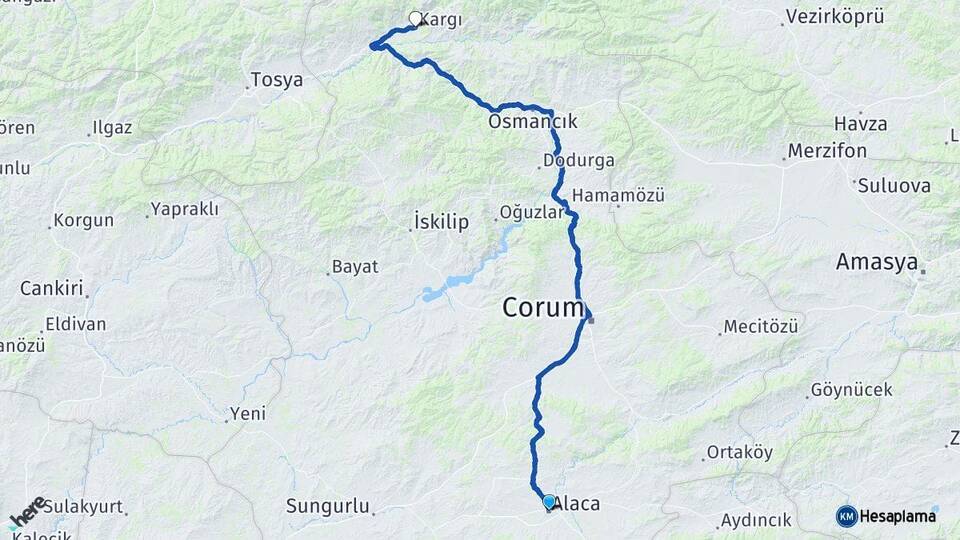 Çorum Alaca Kargı Arası Kaç Km - Yol Haritası