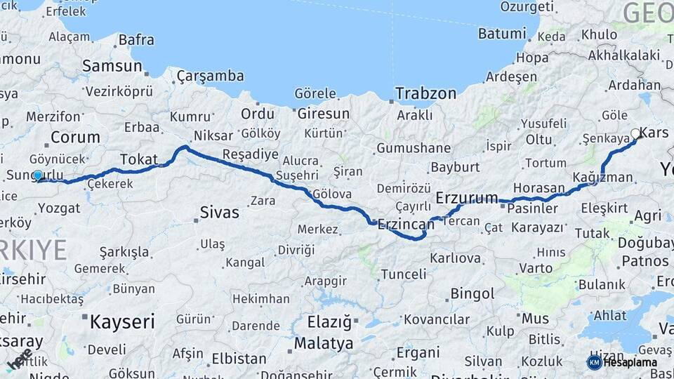 Çorum Alaca Kars Arası Kaç Km - Yol Haritası
