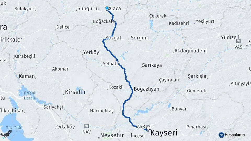 Çorum Alaca Kayseri Arası Kaç Km - Yol Haritası