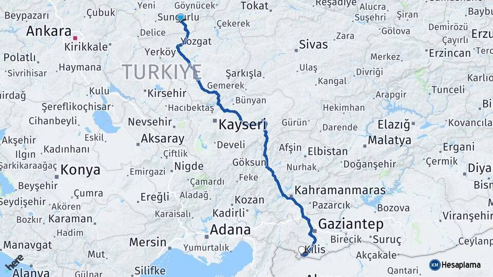 Çorum Alaca Kilis Arası Kaç Km - Yol Haritası