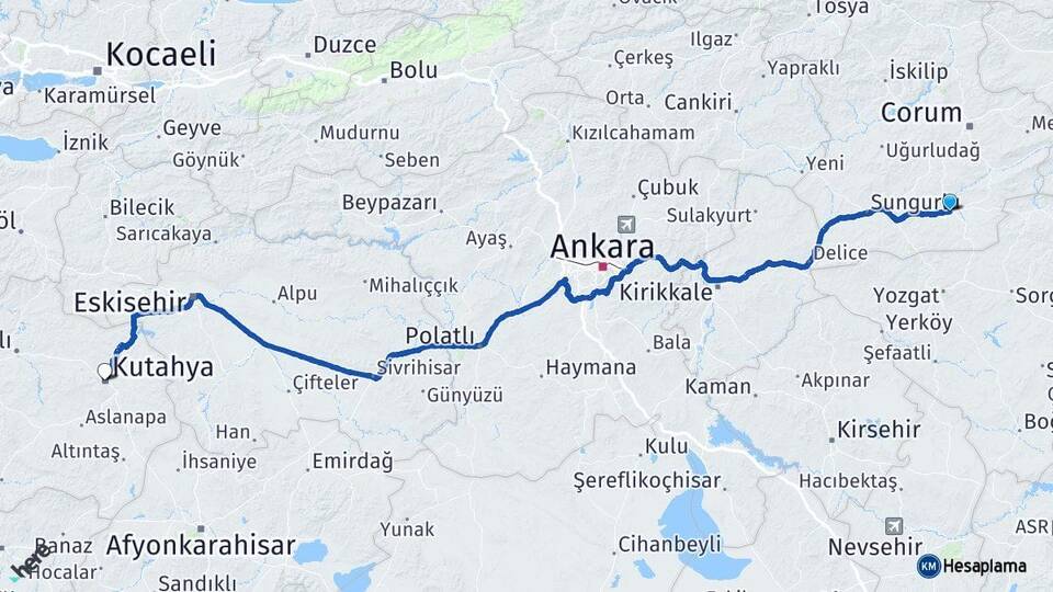 Çorum Alaca Kütahya Arası Kaç Km - Yol Haritası