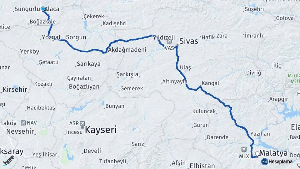 Çorum Alaca Malatya Arası Kaç Km - Yol Haritası