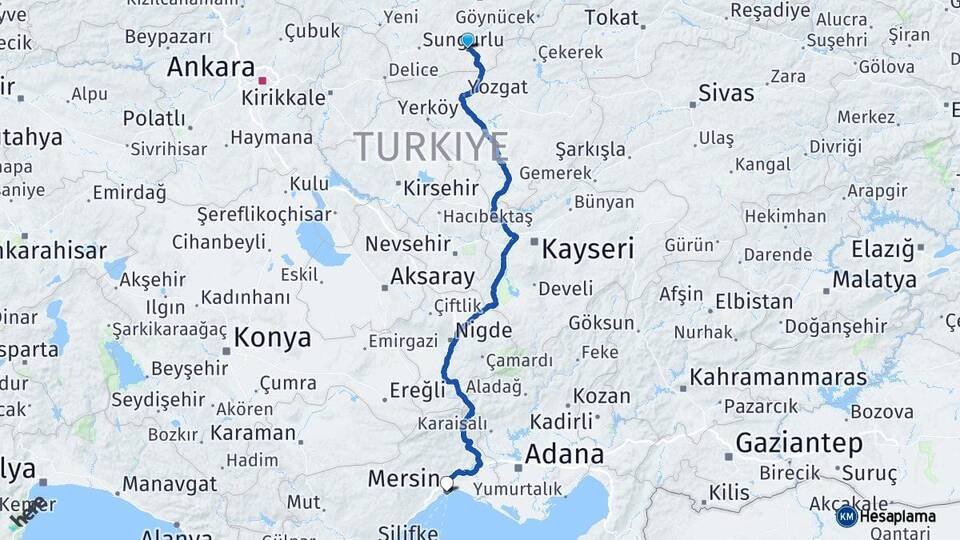 Çorum Alaca Mersin Arası Kaç Km - Yol Haritası