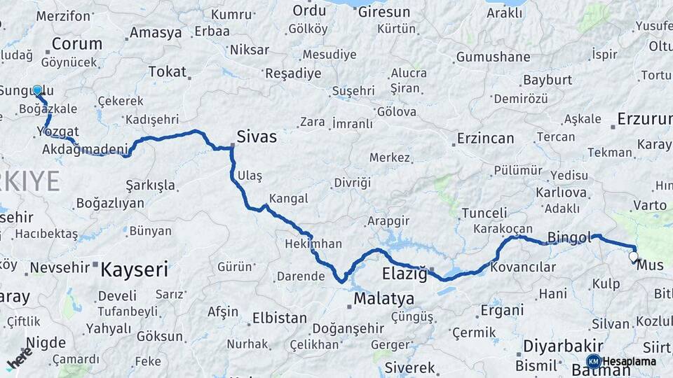 Çorum Alaca Muş Arası Kaç Km - Yol Haritası