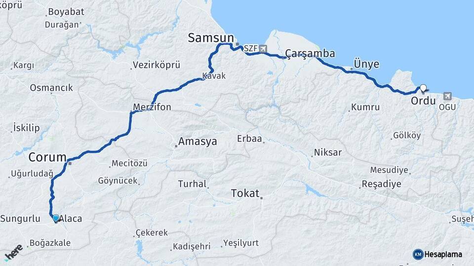 Çorum Alaca Ordu Arası Kaç Km - Yol Haritası