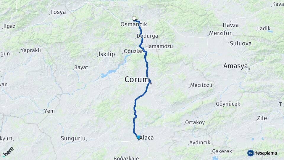 Çorum Alaca Osmancık Arası Kaç Km - Yol Haritası