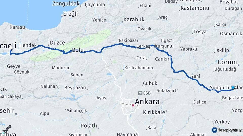 Çorum Alaca Sakarya Arası Kaç Km - Yol Haritası