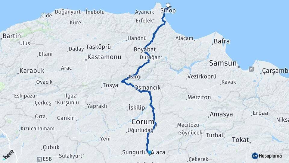 Çorum Alaca Sinop Arası Kaç Km - Yol Haritası