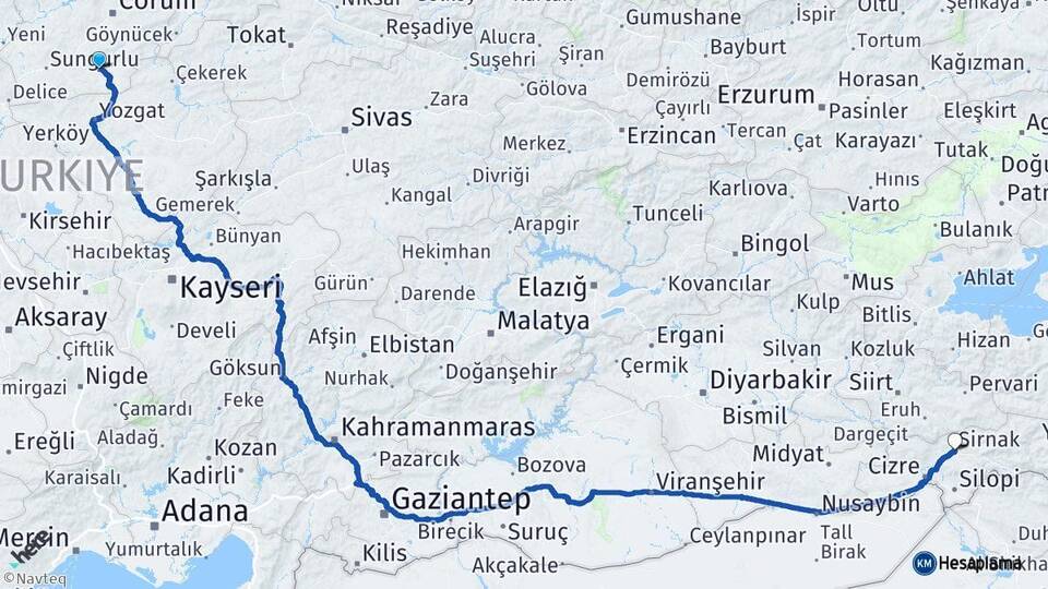Çorum Alaca Şırnak Arası Kaç Km - Yol Haritası