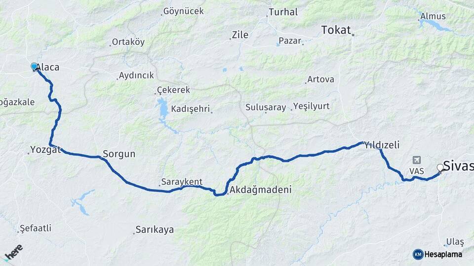 Çorum Alaca Sivas Arası Kaç Km - Yol Haritası