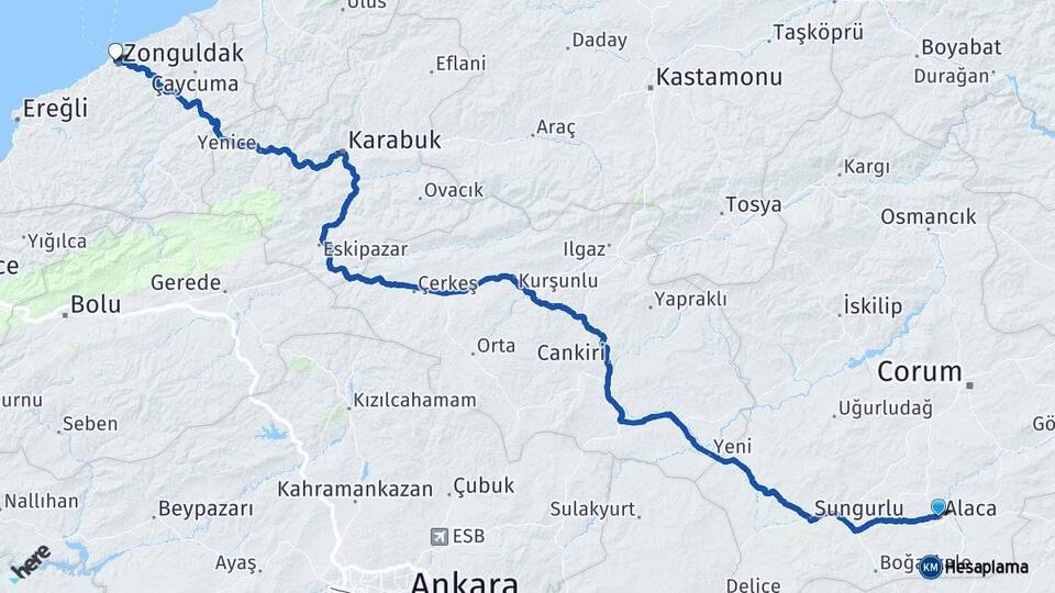 Çorum Alaca Zonguldak Arası Kaç Km - Yol Haritası