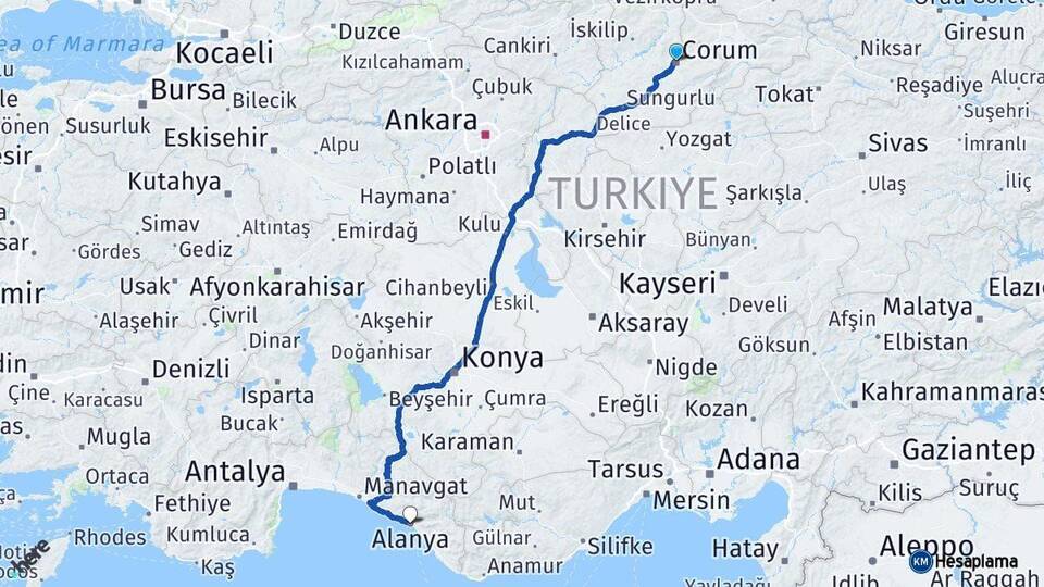 Çorum Alanya Antalya Arası Kaç Km - Yol Haritası