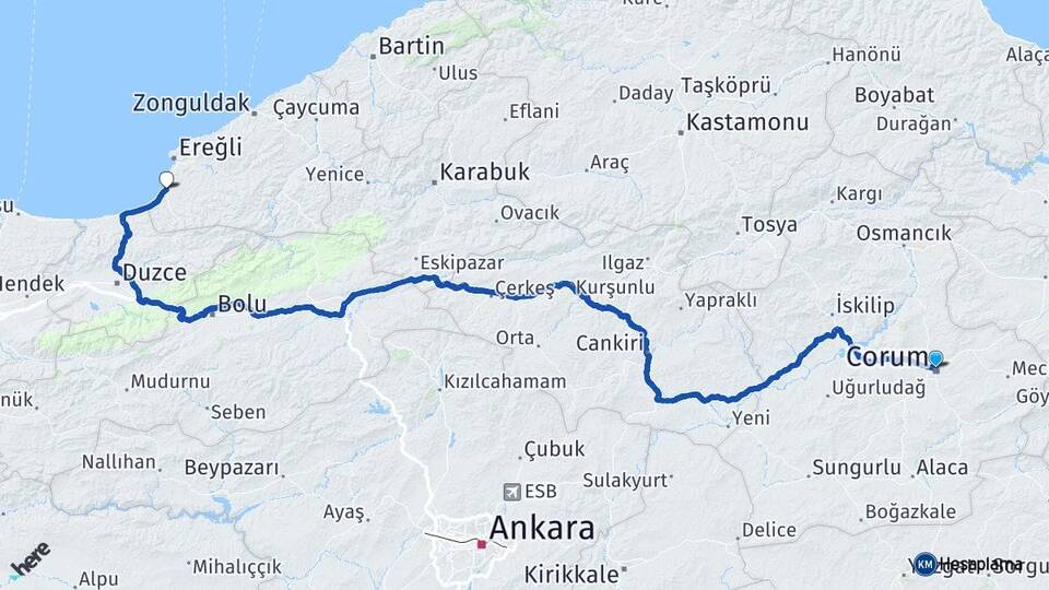Çorum Alaplı Zonguldak Arası Kaç Km - Yol Haritası