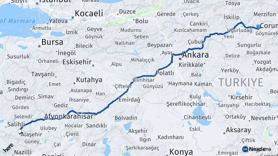 Çorum Alaşehir Manisa Arası Kaç Km - Yol Haritası