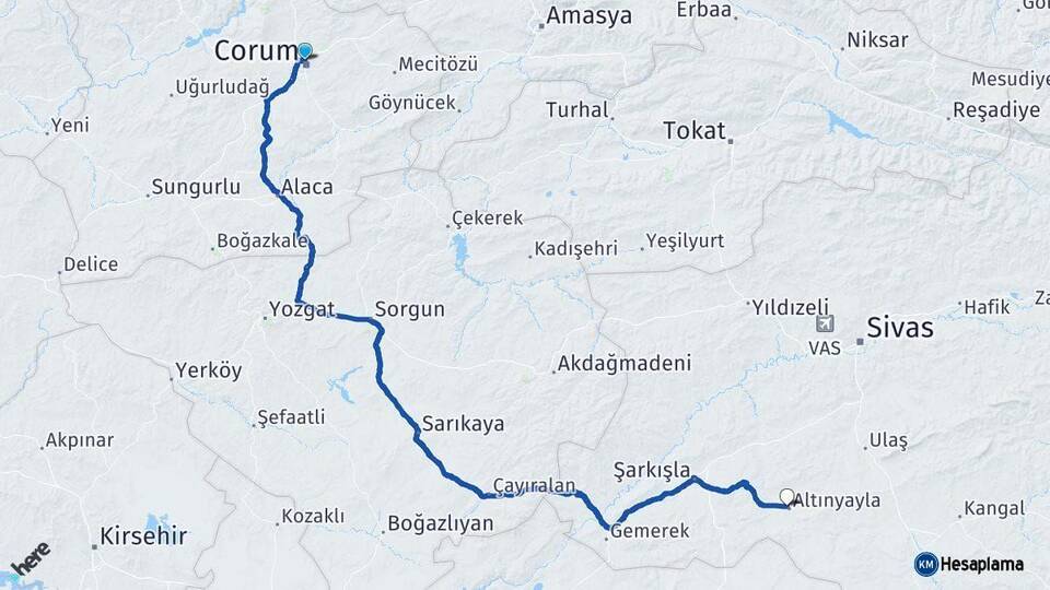 Çorum Altınyayla Sivas Arası Kaç Km - Yol Haritası