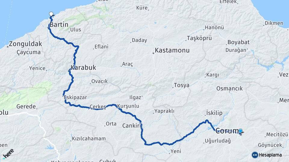 Çorum Amasra Bartın Arası Kaç Km - Yol Haritası