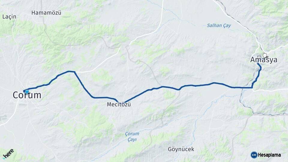 Çorum Amasya Arası Kaç Km - Yol Haritası