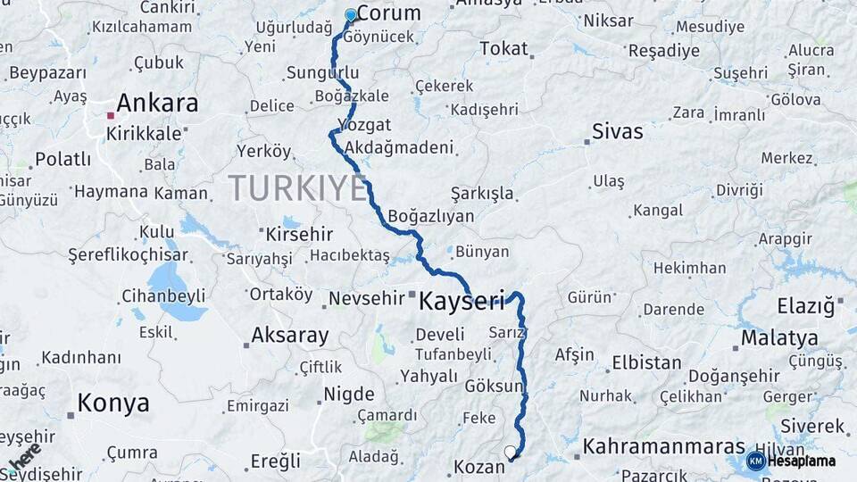 Çorum Andırın Kahramanmaraş Arası Kaç Km - Yol Haritası