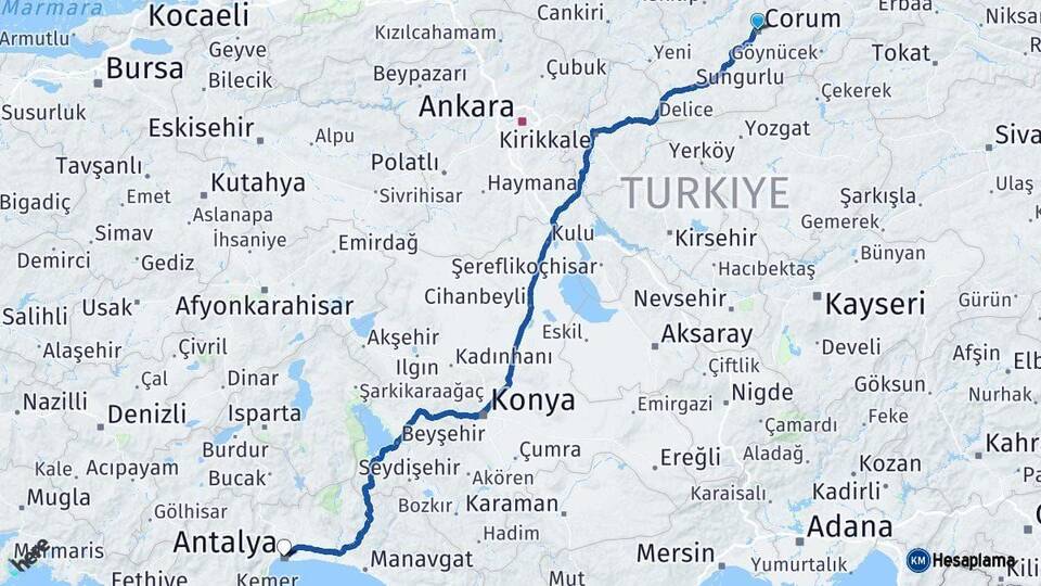 Çorum Antalya Arası Kaç Km - Yol Haritası