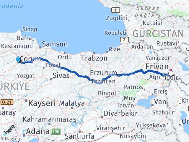 Çorum Aralık Iğdır Arası Kaç Km - Yol Haritası
