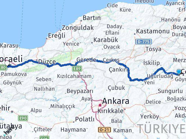 Çorum Arifiye Sakarya Arası Kaç Km - Yol Haritası