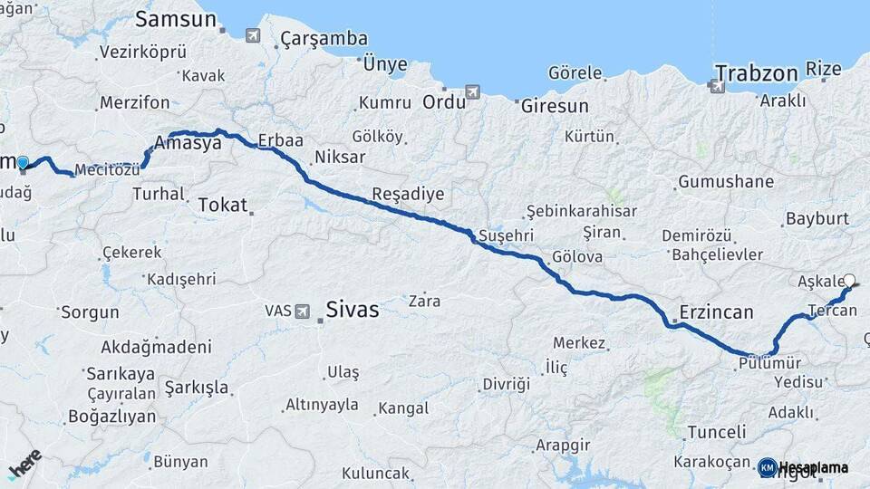Çorum Aşkale Erzurum Arası Kaç Km - Yol Haritası