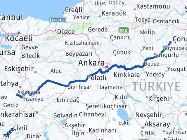 Çorum Aslanapa Kütahya Arası Kaç Km - Yol Haritası