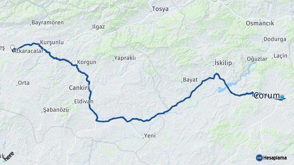 Çorum Atkaracalar Çankırı Arası Kaç Km - Yol Haritası