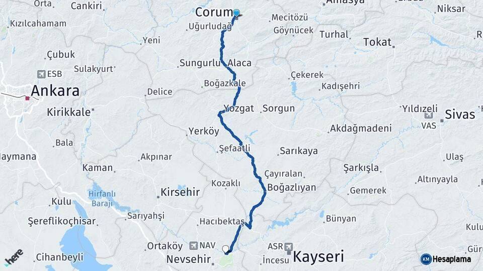 Çorum Avanos Nevşehir Arası Kaç Km - Yol Haritası