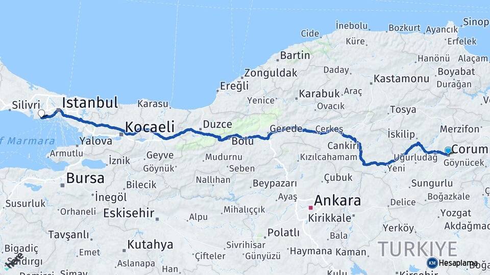 Çorum Avcılar İstanbul Arası Kaç Km - Yol Haritası