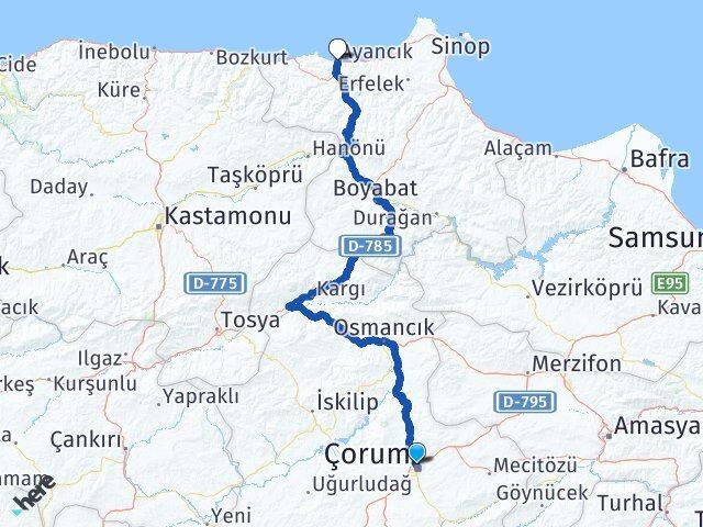 Çorum Ayancık Sinop Arası Kaç Km - Yol Haritası
