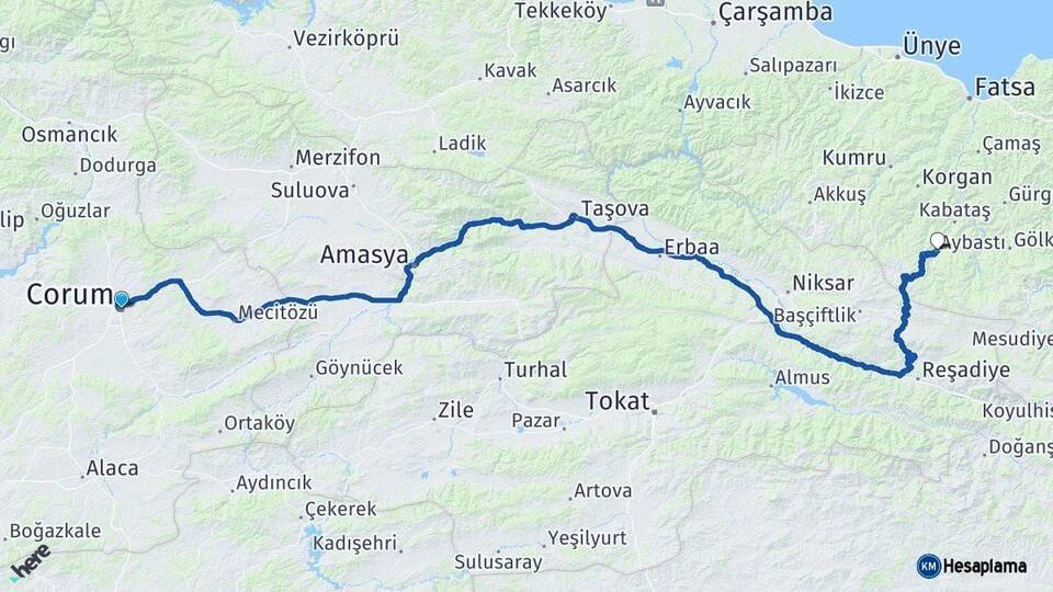Çorum Aybastı Ordu Arası Kaç Km - Yol Haritası