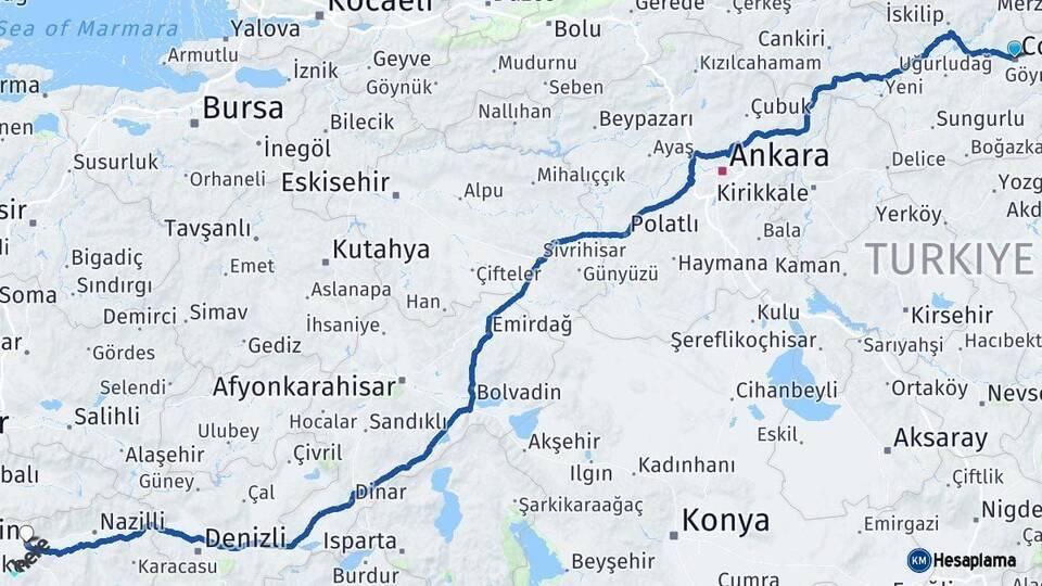 Çorum Aydın Arası Kaç Km - Yol Haritası