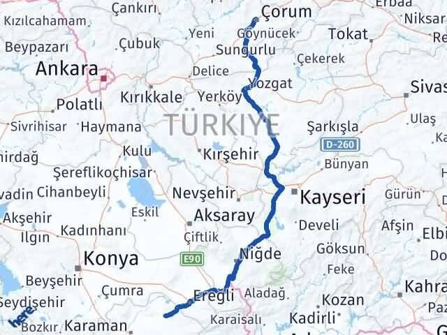 Çorum Ayrancı Karaman Arası Kaç Km - Yol Haritası