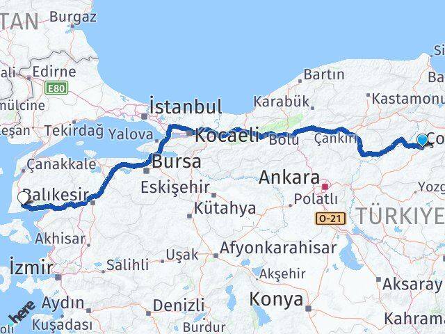 Çorum Ayvacık Çanakkale Arası Kaç Km - Yol Haritası