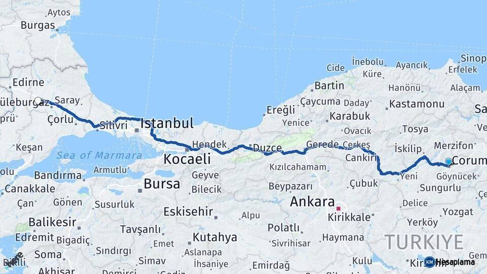 Çorum Babaeski Kırklareli Arası Kaç Km - Yol Haritası