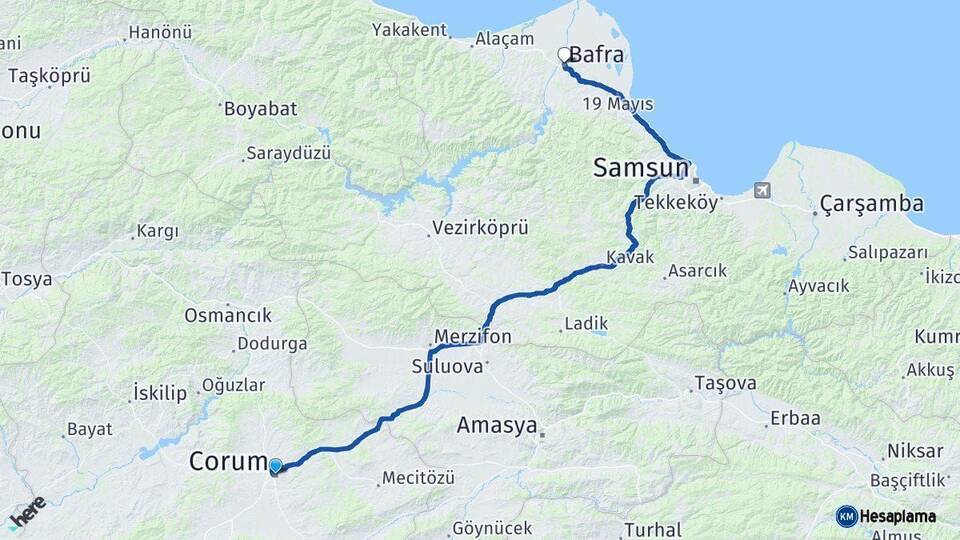 Çorum Bafra Samsun Arası Kaç Km - Yol Haritası