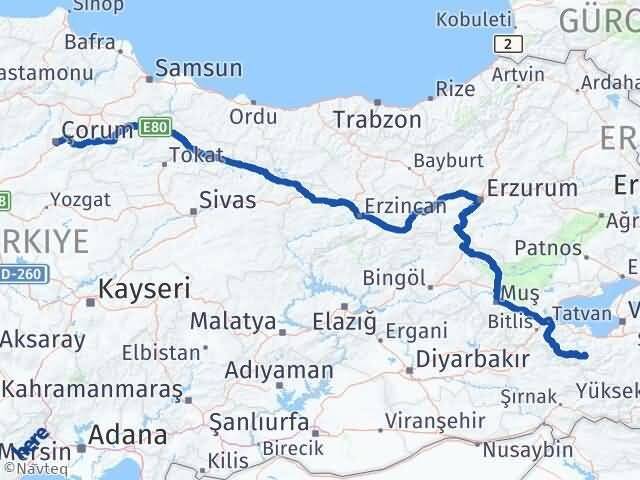 Çorum Bahçesaray Van Arası Kaç Km - Yol Haritası