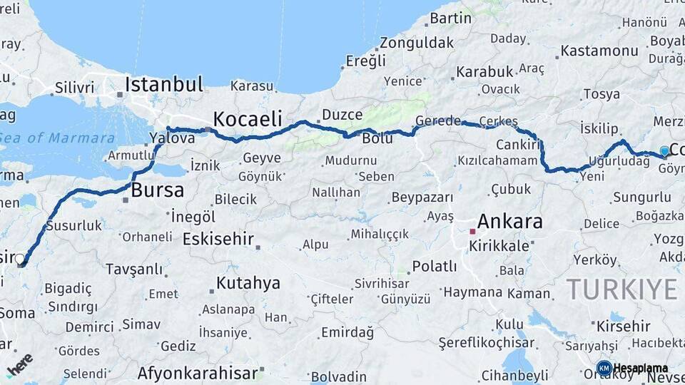 Çorum Balıkesir Arası Kaç Km - Yol Haritası