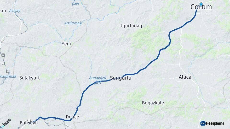 Çorum Balışeyh Kırıkkale Arası Kaç Km - Yol Haritası
