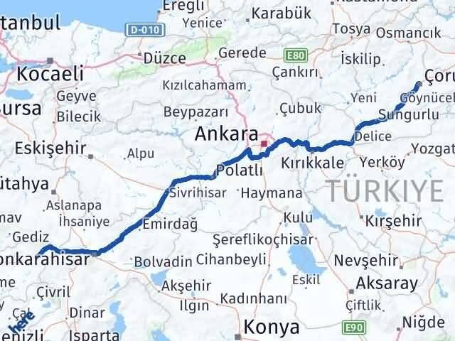 Çorum Banaz Uşak Arası Kaç Km - Yol Haritası