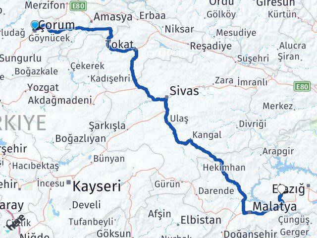 Çorum Baskil Elazığ Arası Kaç Km - Yol Haritası